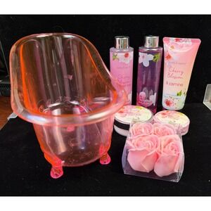 Body & Earth Cherry Blossom & Jasmine Bath Gift Set 7pc Mini Bathtub Pink Rose
